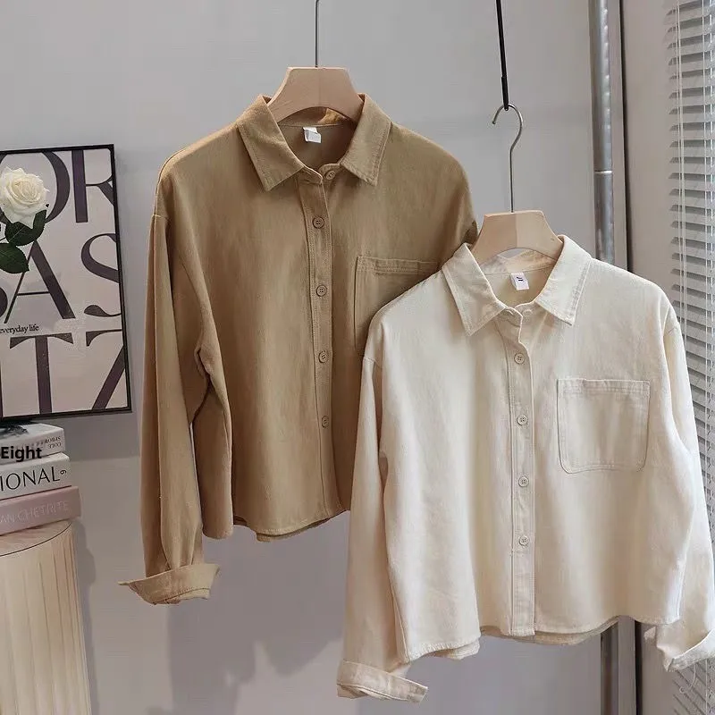 

ort Thiened Pure Cotton Long Sve irt Женская осенняя одежда Повседневная свободная рабочая одежда Многослойная одежда в Корейском стиле с воротником-стойкой