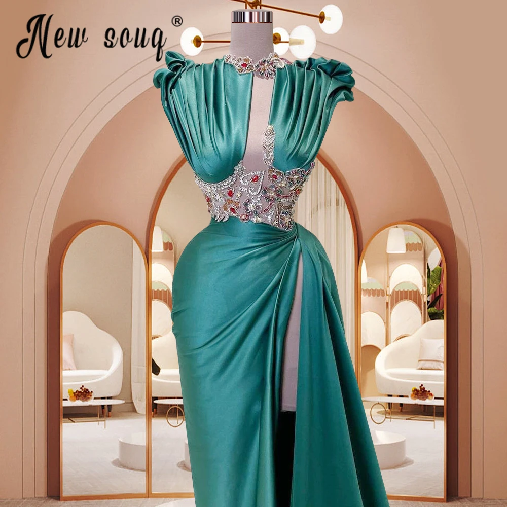 Stunning Rhinestones Party Dresses 2023 Emerald Green Cut-out Side Train Prom Gowns For Weddings Arabic Women Robes Formal Dress