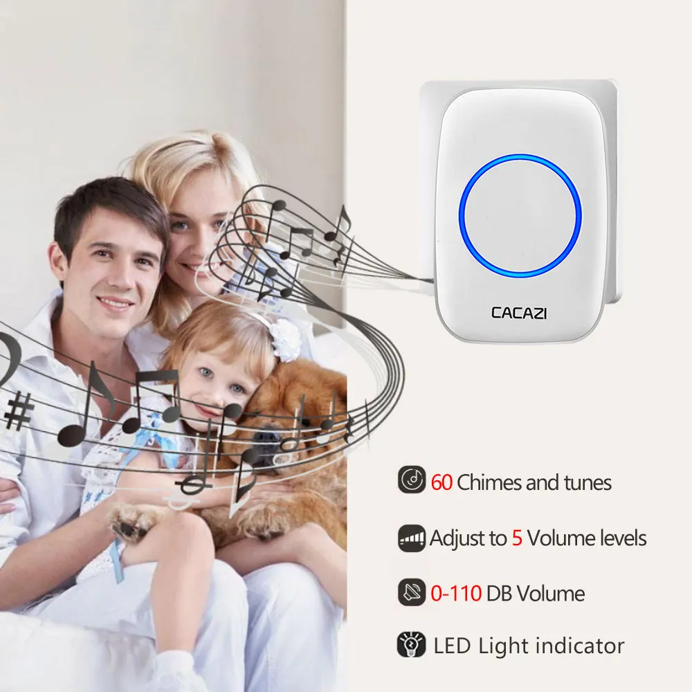 CACAZI campanello impermeabile senza fili US EU UK Plug 300M Range Home Intelligent White Door Bell Chime 1 2 Button 1 2 3 ricevitore