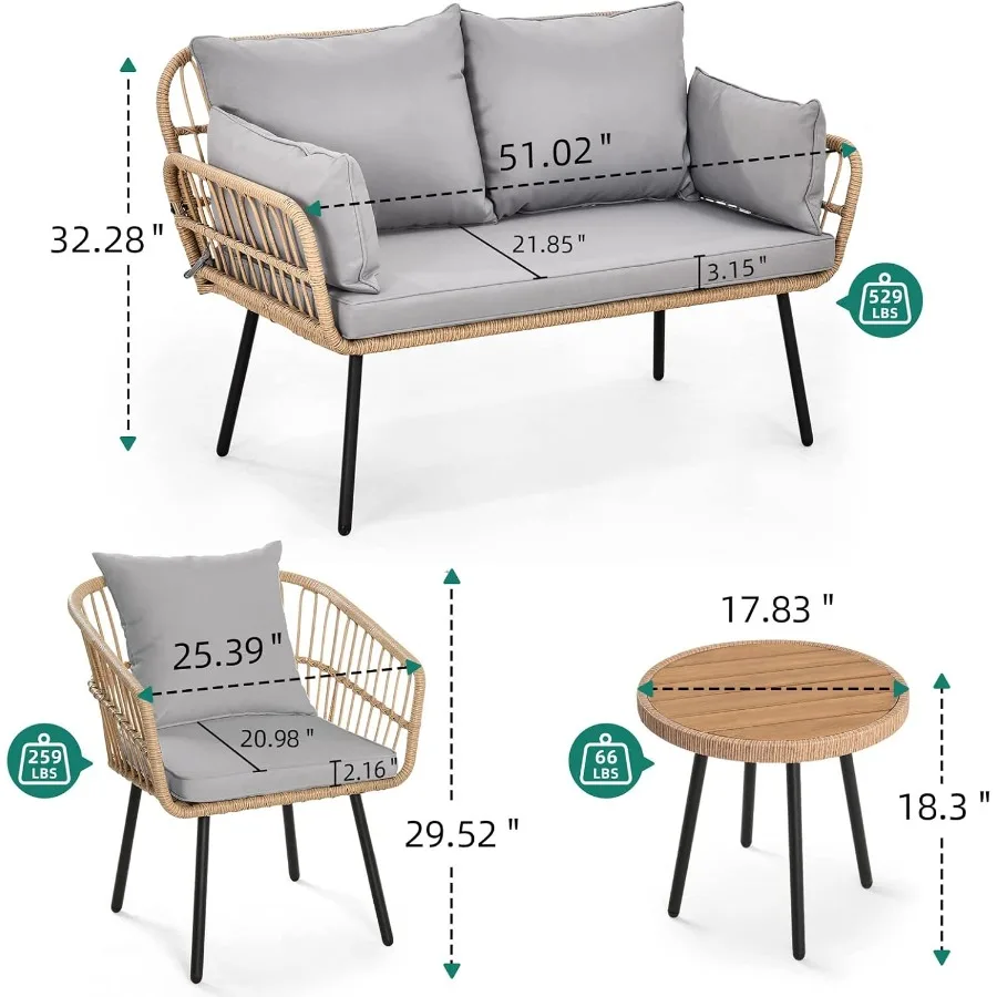 YITAHOME Ensemble de meubles de patio 4 pièces Ensemble de bistro extérieur en osier avec construction en rotin toutes saisons Chaises causeuse confortables