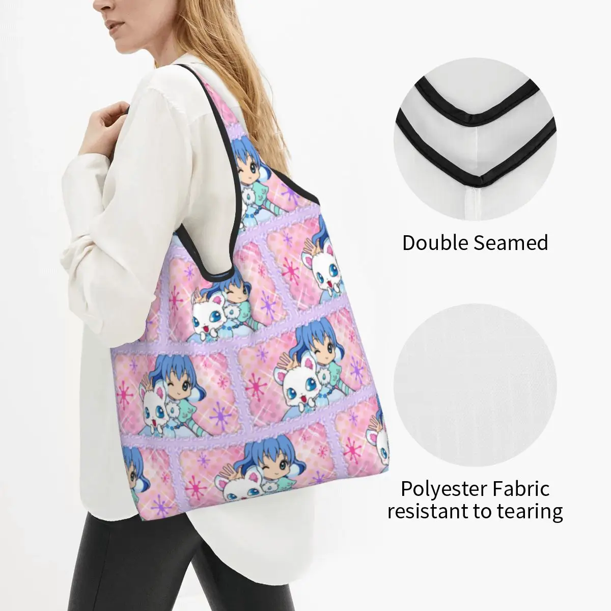 Custom Kawaii Disney Cartoon Jewelpet Sanrio Japanese Anime Shopping Tote Bags Portable Grocery Shopper Shoulder Bag