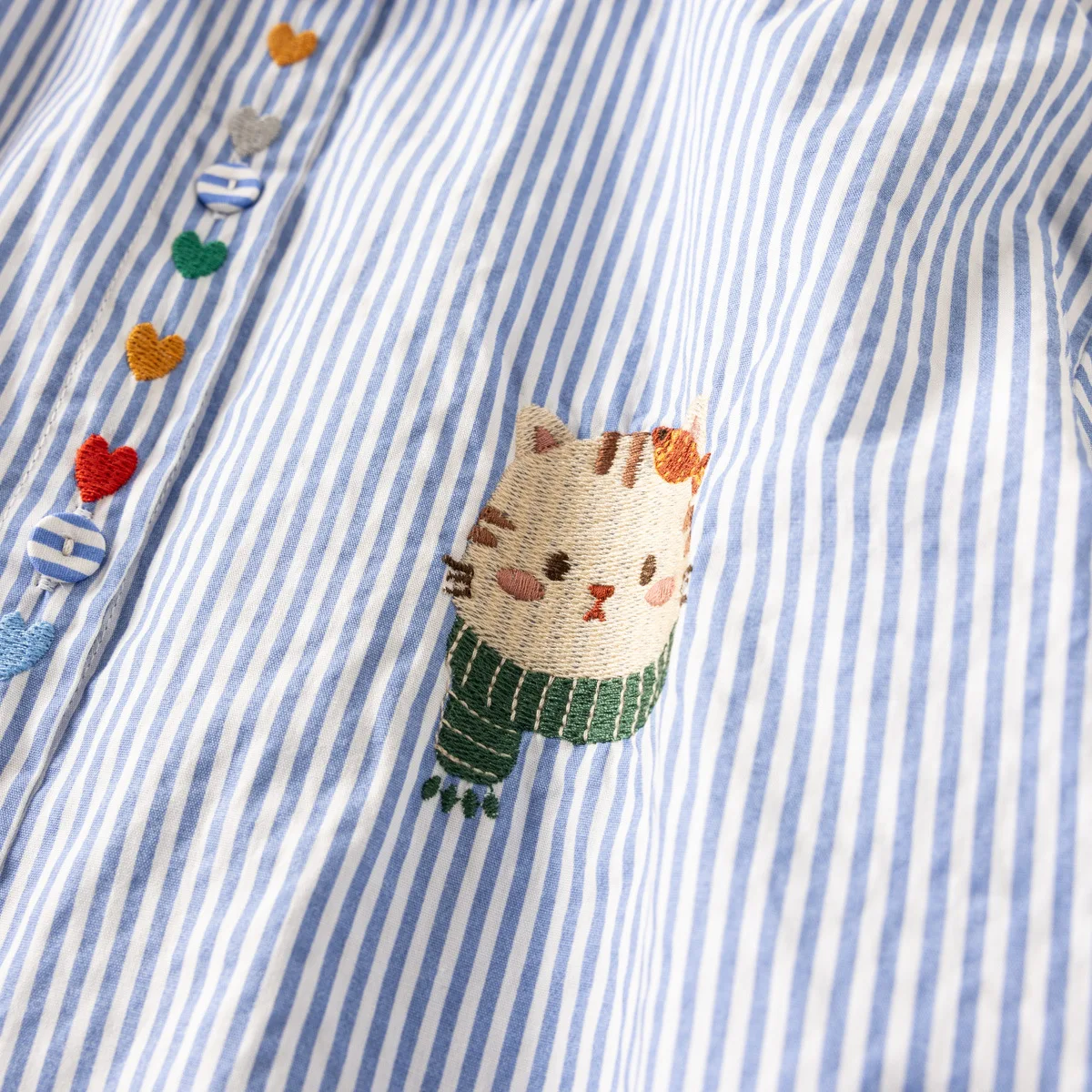Japanese Sweet Mori Girl Striped Love Cat Embroidery Cotton Shirt Women Sprign Autumn Turn Down Collar Long Sleeve Casual Blouse