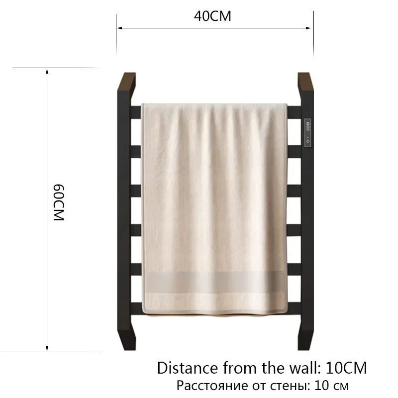온도 조절 타임 오프 전기 수건 랙 스테인레스 스틸 건조 랙, 목욕 수건 전기 수건 랙, 블랙/화이트, 60cm x 40cm