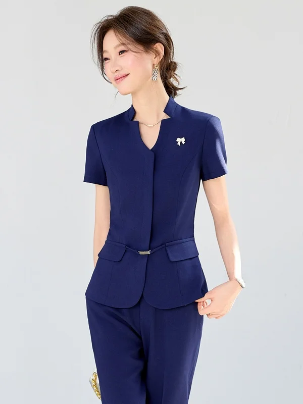 

Elegant Professional Women's Suit Set Commute Formal Workwear Slim Fit Waist-Cinching OL Polyester Fiber Short Sleeve