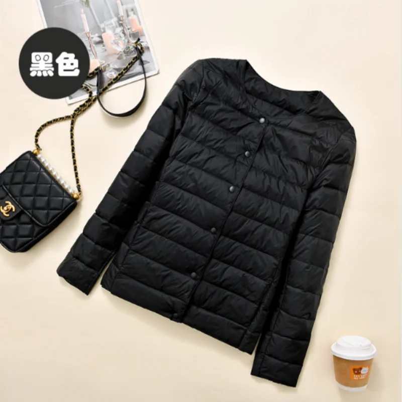 Herfst en winter Nieuw 2025, lichtgewicht donsjack voor dames, eenvoudig, modieus, elegant, woon-werkverkeer, binnenkant, ronde hals, V-hals, warme jas