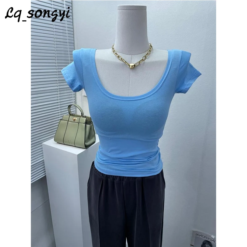 

Thin ~ Slightly See-through ! Scoop Neck Slim T Shirt Women Basic High Strech Tight Tshirt Lq_songyi Solid Short Sleeve Sexy Top