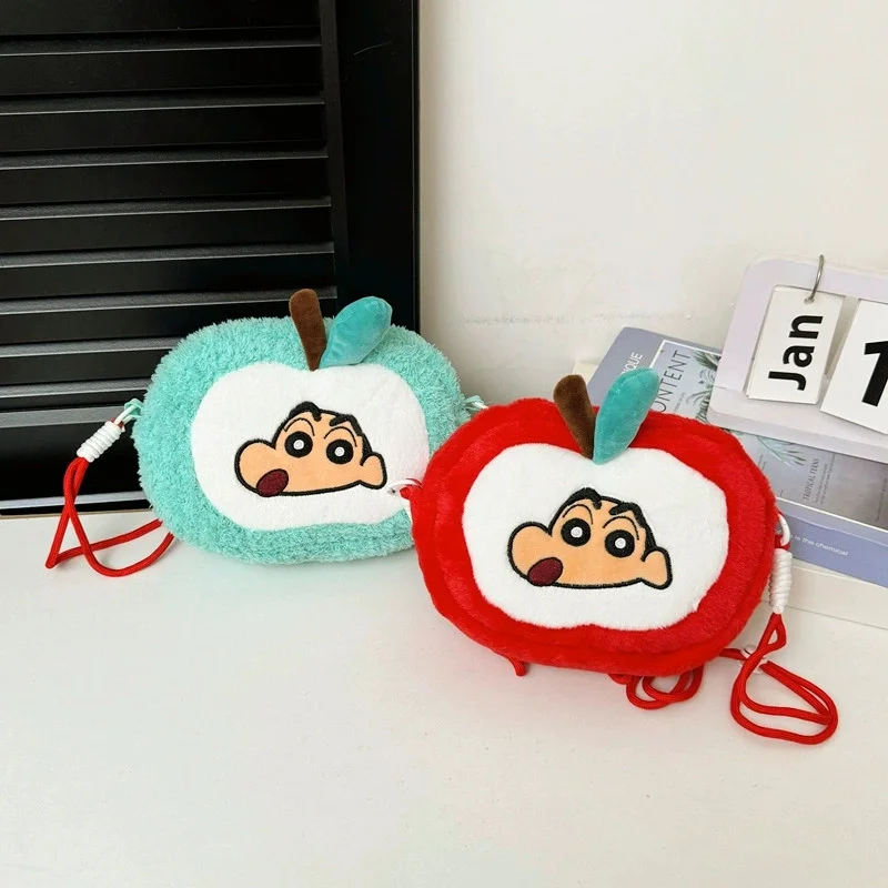 Crayon Shin-Chan Fluffy Apple Crossbody Bag Cute Cartoon Plush Coin Purse Shoulder Cell Phone Bag Outing Storage Bag Itabag Gift
