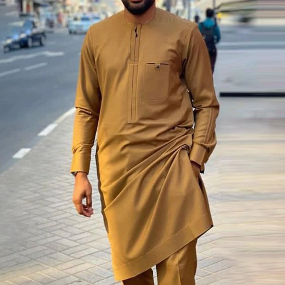 Élégant 2 Pièces Ensembles Hommes Tenue Longue Seeves Avec Poches Haut Pantalon Style Ethnique Décontracté Traditionnel Tenues Hommes Trempé