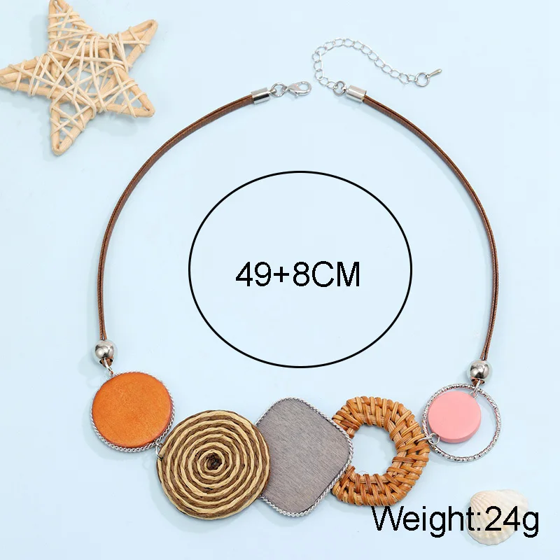 Handmade Ethnic Style Wooden Necklace Pendant with Woven Rattan Design for Women Vintage Statement Bib Neck Collar Jewelry