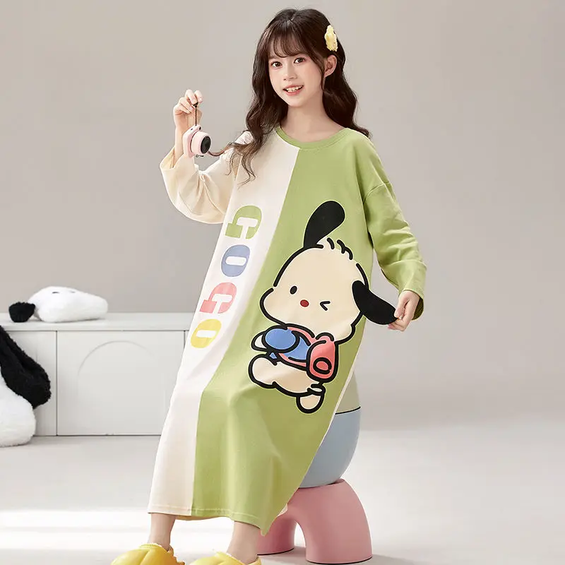 

Pochacco Anime Kawaii Sanrio Long Sleeved Sleeping Skirt Spring Autumn Cute Cartoon Cotton Children Hooded Pajamas Gifts for Kid