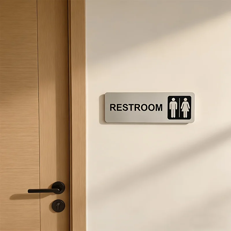 1Pcs Brushed Metal Restroom Sign Self Adhesive Toilet Door Plate Durable Bathroom Indicator Label for Home Office Public Washroo