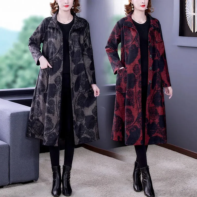 

2025 Women Printtting Trench Outwear Retro Lady Stand Collar Windbreaker Jacket Spring Autumn Female Large Size 4XL Lined Coat