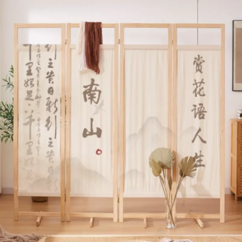 Japanese-style log fabric folding screen partition household living room bedroom shielding baffle tea room homestay solid wood f