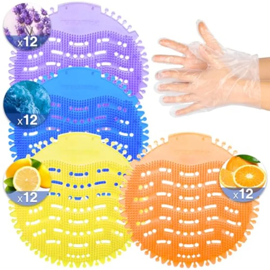 

48 PACK Urinal Deodorizer Screen with 100 Gloves-3D Wave Anti-Splash Odor Protection Urinal Cakes for Men Toilets, Four Scents