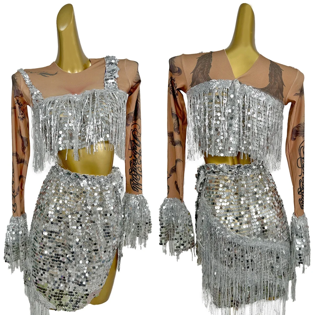 

Spandex Printing Mini Dress Bar Dance gig Outfit Sparkly Sequins Tassel Sexy Women Stage Show Crop Tops Mini Skirt 2Pieces Set