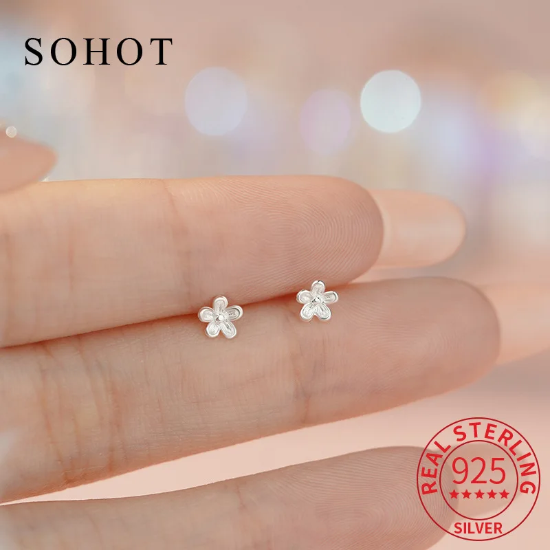 

Real 925 Sterling Silver Tiny Flower Minimalist Screw Bead Stud Earrings for Charm Women Party Fine Jewelry Cute Accessories
