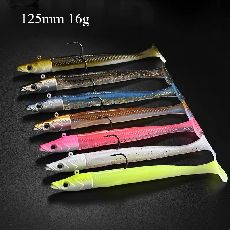 Goture 12.5cm/16g Sand Eel Jig Head Soft Lure Flexível com Cauda em T, Isca Artificial para Pesca de Robalo e Bacalhau