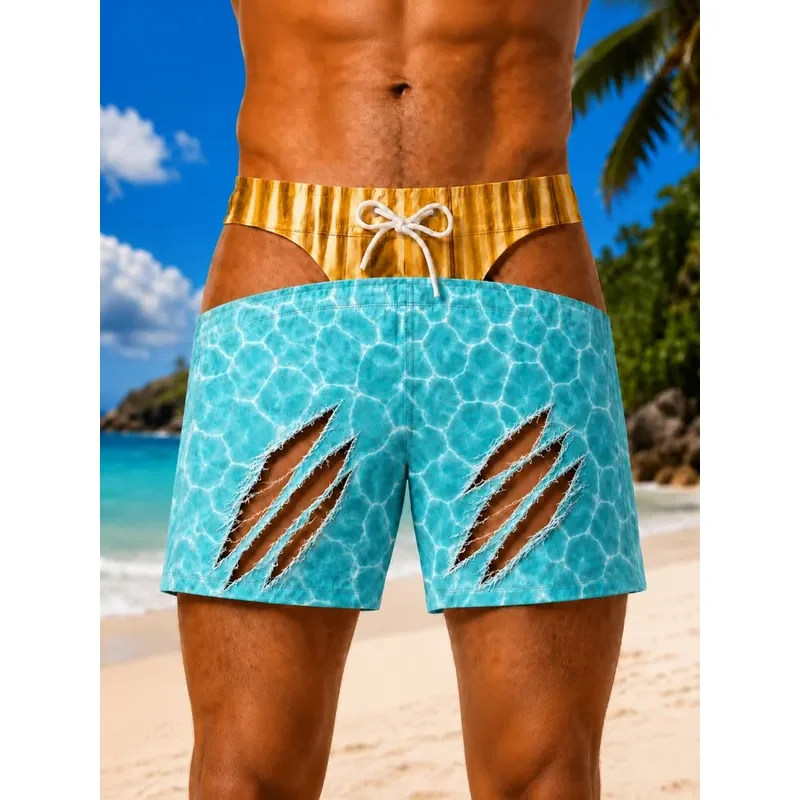 for Men Aqua Pool Water Print Beach Shorts Golden Brief White Drawstring Faux Torn Claw Mark Optical Illusion Graphics Funny