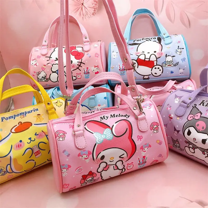 

New Sanrio Anime Cartoon Cute Hello Kitty Kurome My Melody Cylinder Messenger Bag Girls Portable Large Capacity Storage Bag Gift