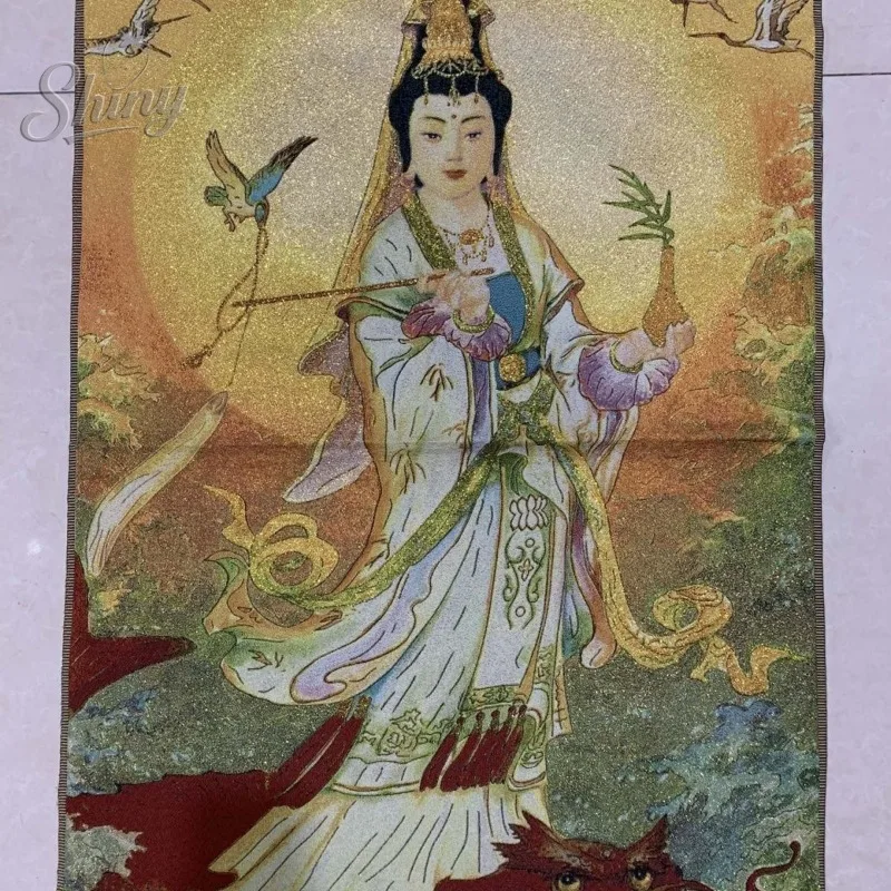 

35.4″ Pure Water Guanyin Bodhisattva Brocade Tibetan Tangka Embroidery Painting Gold Thread Embroidery Decorative Hanging Arts