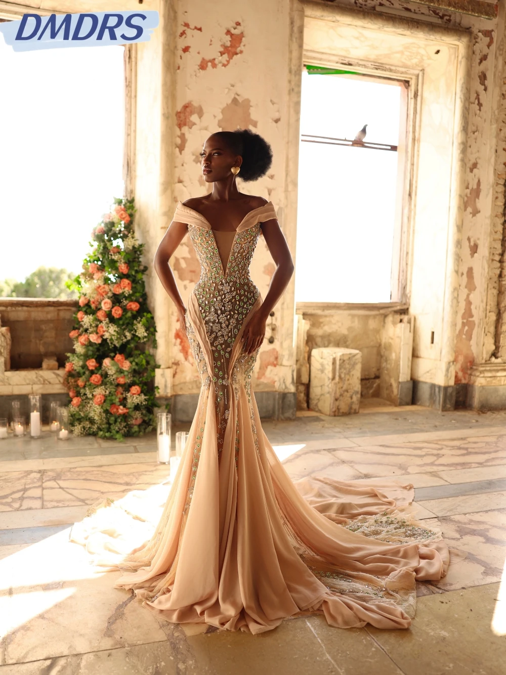 

Exquisite Sparkly Crystal Mermaid Long Evening Dress Deep V-neck Off Shoulder Wedding Party Gown 2026 Customized Prom Dresses