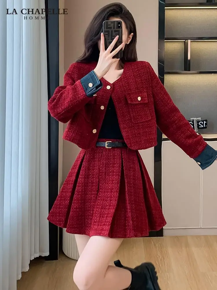 Korean Cotton Jacket Pleated Skirt Two-piece Set for Autumn and Winter Stylish and High-end New Red Short Skirt Set