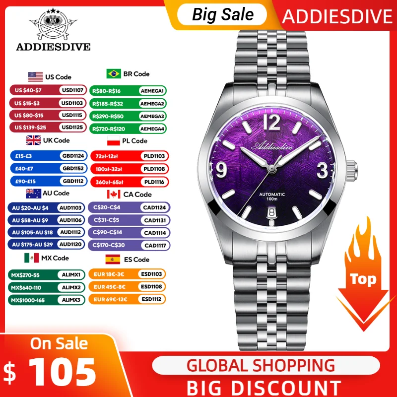 ADDIESDIVE Automatic Watch Luxury Sapphire New Men Watch 39mm Gradient Dial Mechanical 8215 Waterproof 100m BGW9 Luminous AD2547