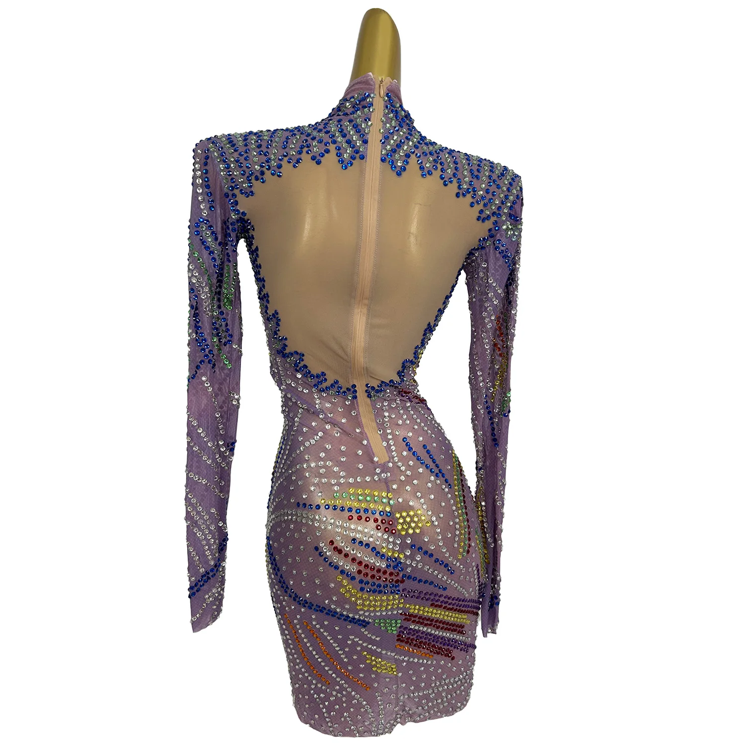 Women Couture High-end Sparkly Rhinestone Tight Fitting Mini Dress Club Birthday Prom Sexy See Through Mesh Short Dress Malanhui