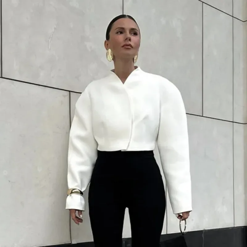 

Elegant Autumn Women Cardigan White V Neck Patchwork Long Sleeve Short Outwear Female Style Chic Lady Jacket Cozy