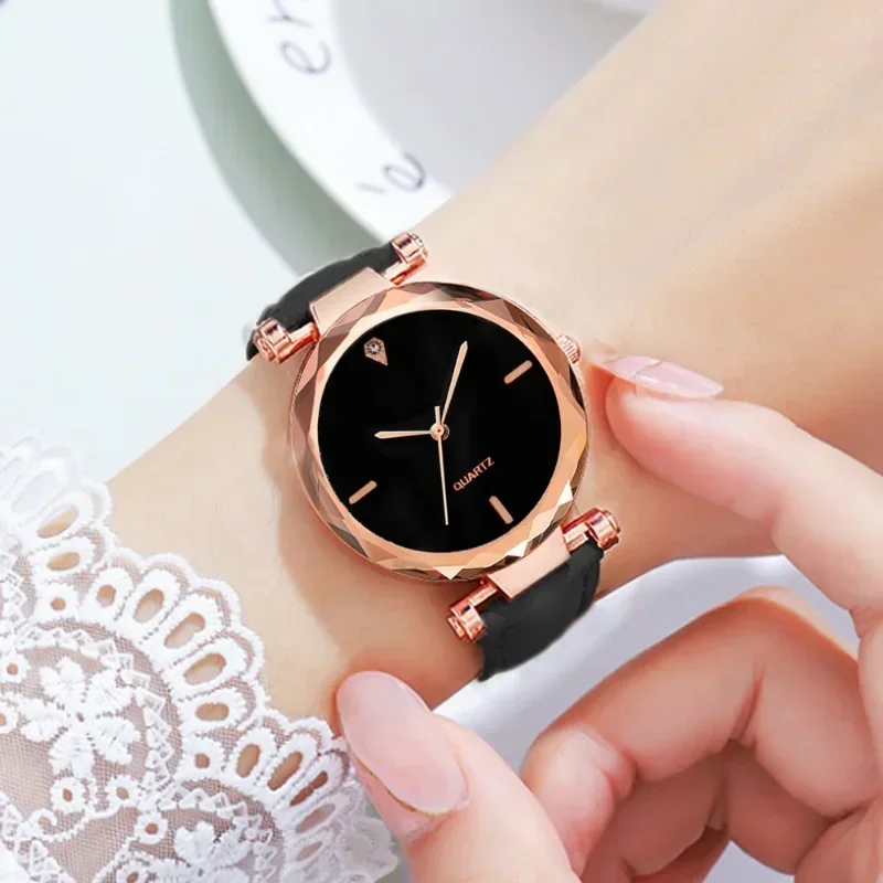 Ladies Watch 2pcs Luxury Fashion Watch for Women Set PU Leather Strap Quartz Wristwatch Rhinestone Rose Gold Alloy Bracelet Gift