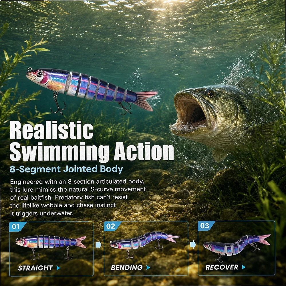 Jointed Minnow Bait 3/5/10 Pack 8-Segment Slow Sinking Lure Rattle Beads 3D Eyes for Walleye Musky in Reservoir