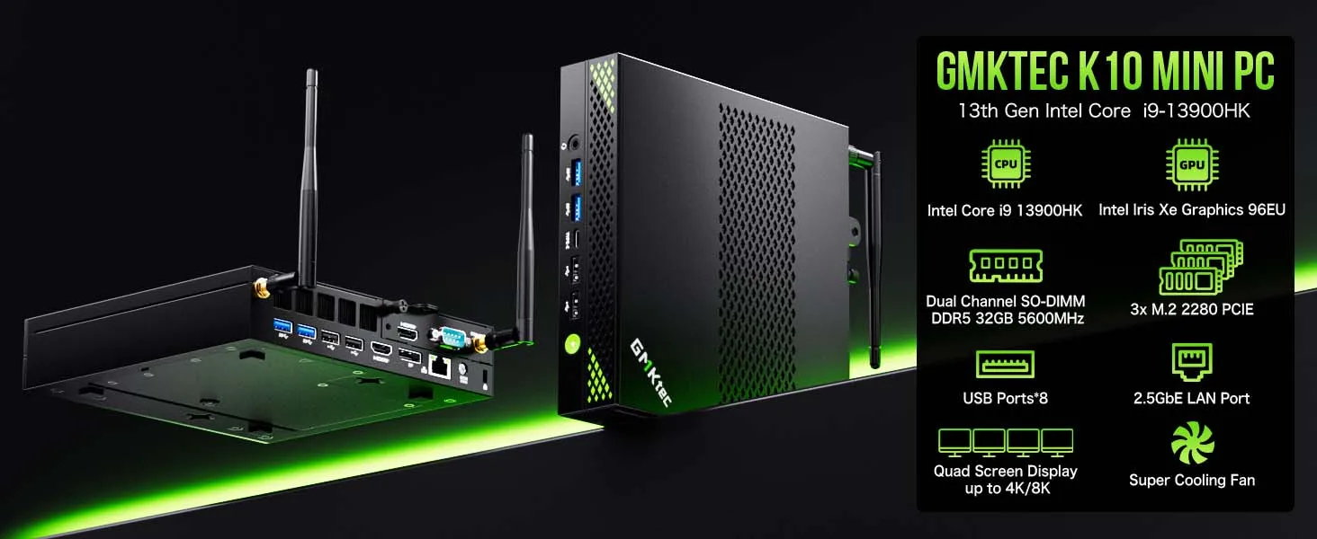 GMKtec K10 Mini PC Workstation Intel Core i9-13900HK DDR5 5200MT/s 3*M.2 SSD NVMe Rich Interface 8*USB WiFi6 BT5.2 Office PC