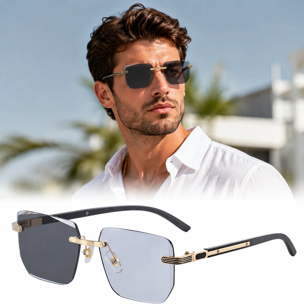 

Fashion Frameless Photochromic Sunglasses for Men Women, Diamond Cut Lens, UV Protection Driving Outdoor Shades