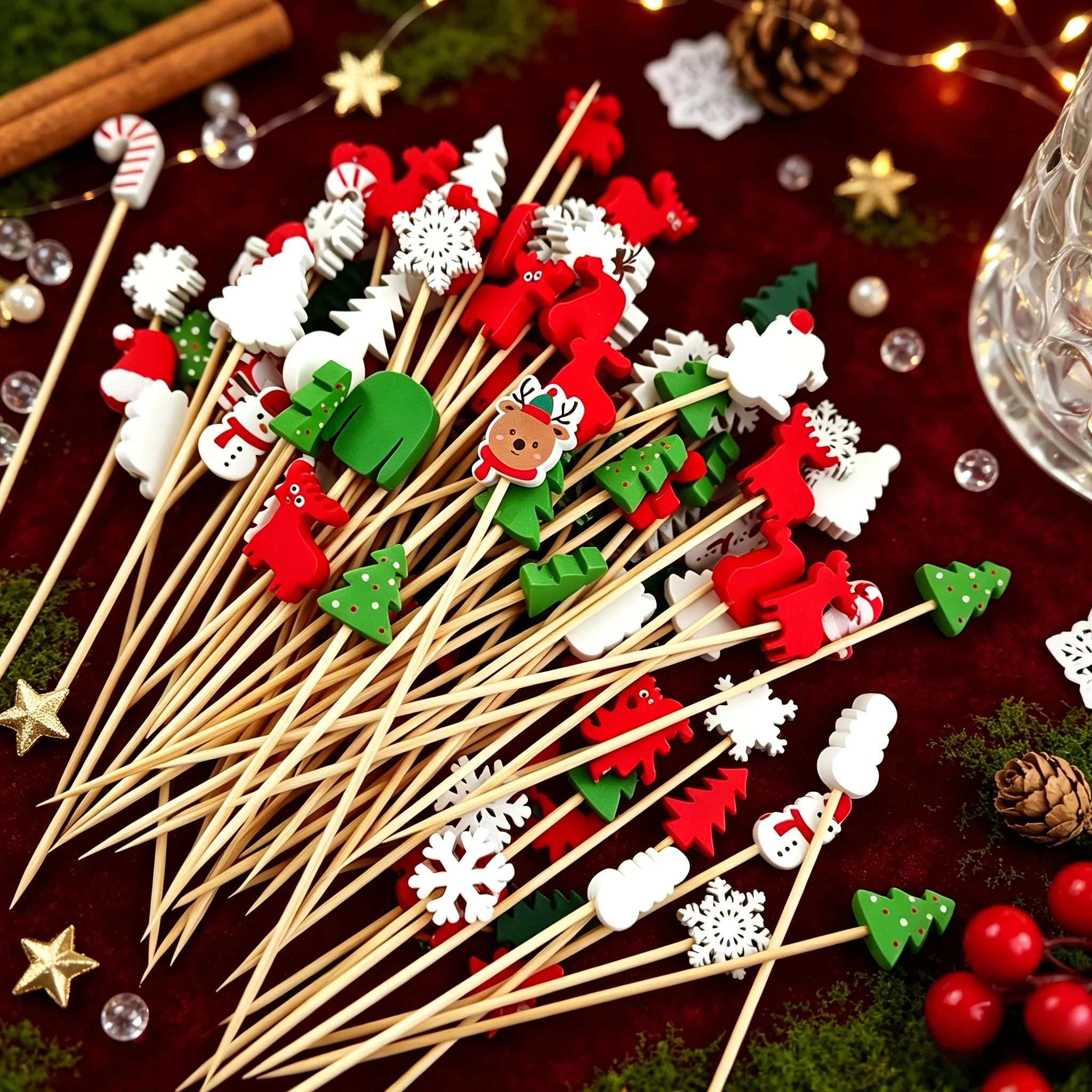 50PCS Christmas Party Dessert Sticker Bamboo Fruit Cake Cocktail Sticker Cold Plate Display Decorative Sticker Random Mix