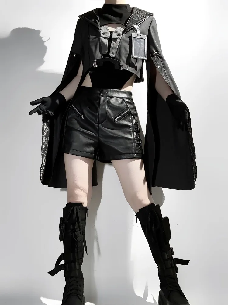 2025 Summer New Lolita Dark Punk Gothic Style Grey Black Long Sleeve Top High Waist Shorts Irregular Tight Tank Top Set