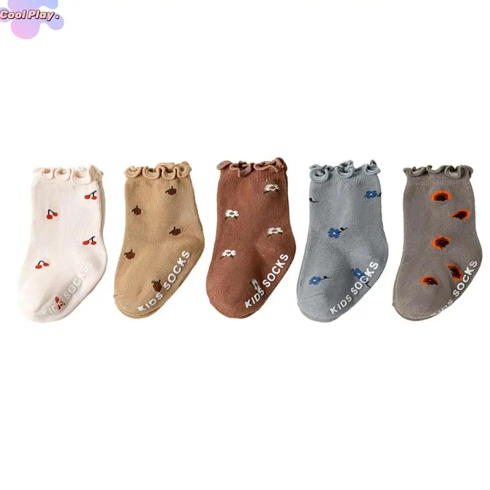 

5 пар кавайных детских хлопковых носков с цветочным принтом, дышащие осенне-весенние короткие носки-трубочки для малышей, плиссированные милые детские носки с героями мультфильмов, детские носки