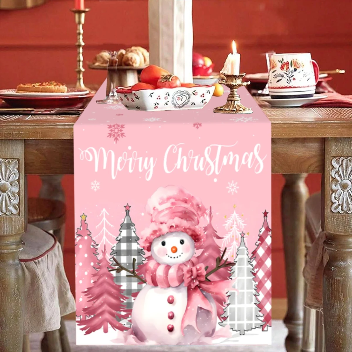 1 Stück rosa Schneemann Weihnachten Tischläufer Frohe Weihnachten Dekoration für Zuhause 2025 Küche Esstisch Dekor Neujahr 2026 Geschenke – Detail 2
