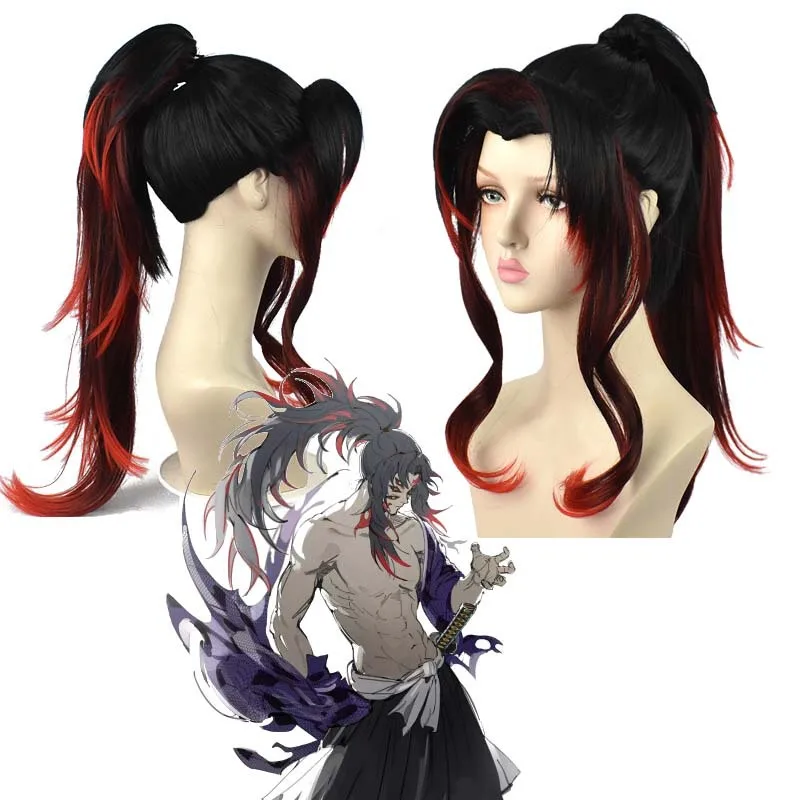 SHANGZI Game Anime Tsugikuni Yoriichi Cosplay Wig Pre Styled 80cm Long Black and red gradient ponytail Heat Resistant Synthetic