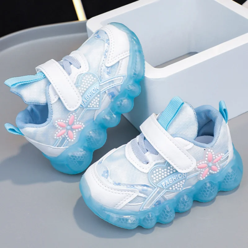 Disney-Children's Princess Elsa Sneakers, rosa, desenhos animados, iluminação LED, calçados esportivos, bebês, crianças, moda, outono