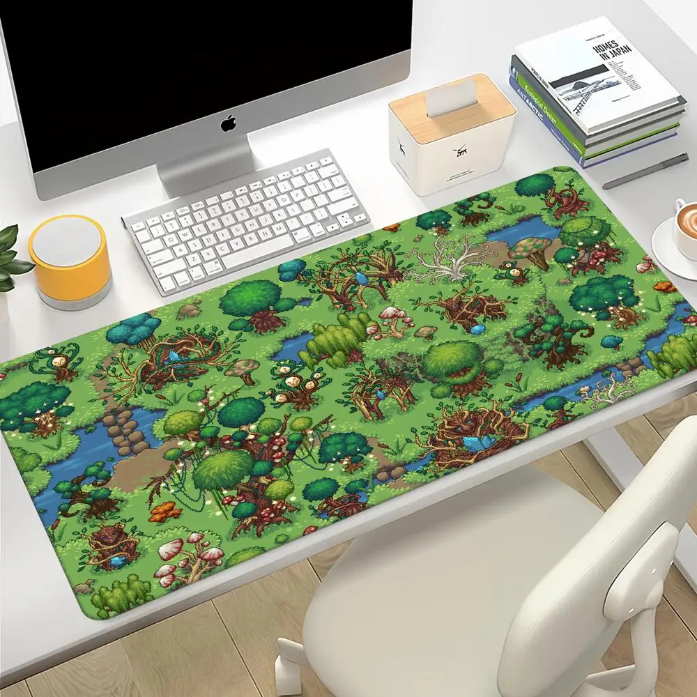 Retro Gaming Green Forest Pixel art desk mat Beige brown green large mouse pad Cute War Game wrist rest desk decorative