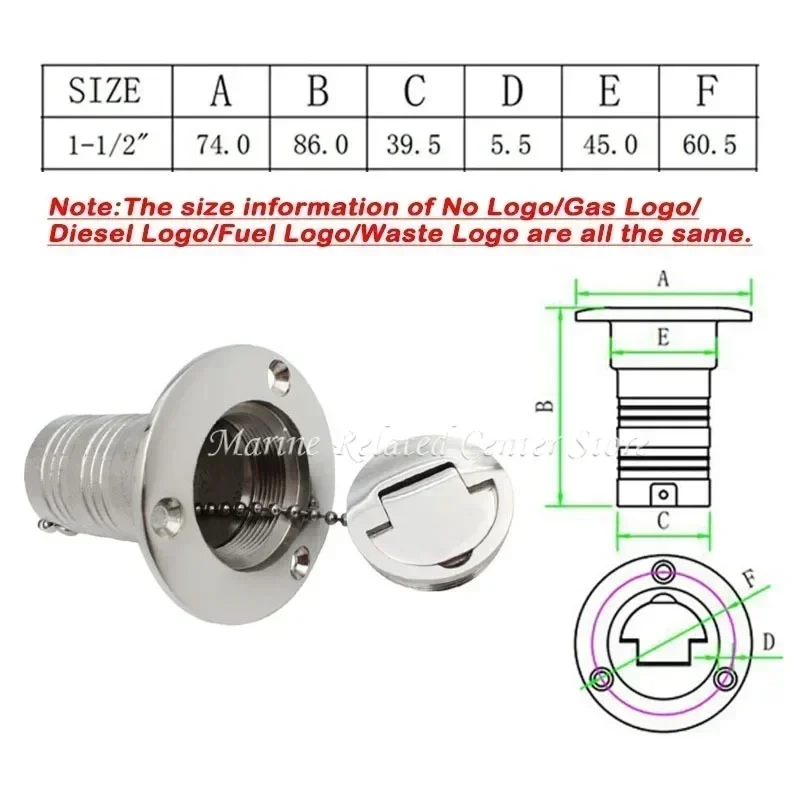해양 보트 316 스테인레스 스틸 데크 필러 캡, 가스 디젤 연료 폐기물 로고, 45/90 도, 38mm (1.5 인치)