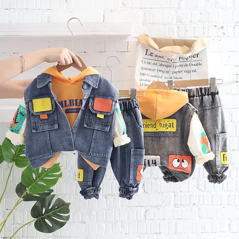 Spring Autumn Children Boys Clothes Kids Clothing Denim Vest Jacket Hoodies Pants 3pcs/Set Infant Cotton Tracksuits 0-5 Years