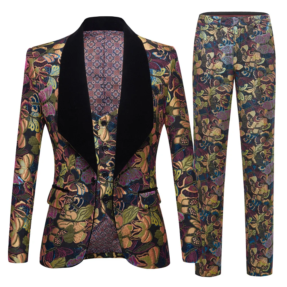 Men's Casual Business Shawl Collar Blazer Sets / Male Butterfly Shiny Jacquard Wedding Party Jacket Vest Pants 3 Pcs Full Suits