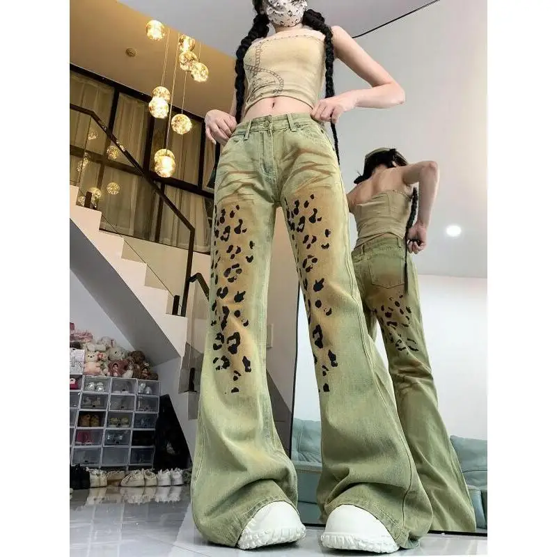 American Style Leopard Trousers New Autumn and Winter Commuting Woolen Plaid Trousers Loose Straight Drawstring Casual Trousers