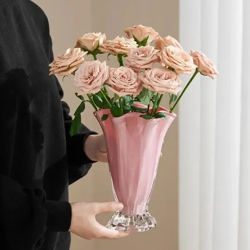 

French Trumpet Shaped Glass Vase, Delicate and Elegant Water Grown Flowers Vase, Desktop Floral Art Decoration Ornament