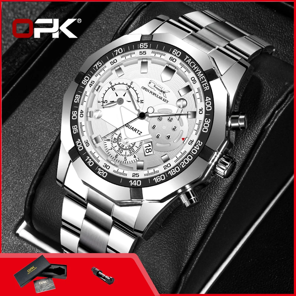 

OPK 8127 Mens Watch Classic Original Waterproof Luminous Steel Strap Chronograph Calendar Business Dress Quartz Wristwatch