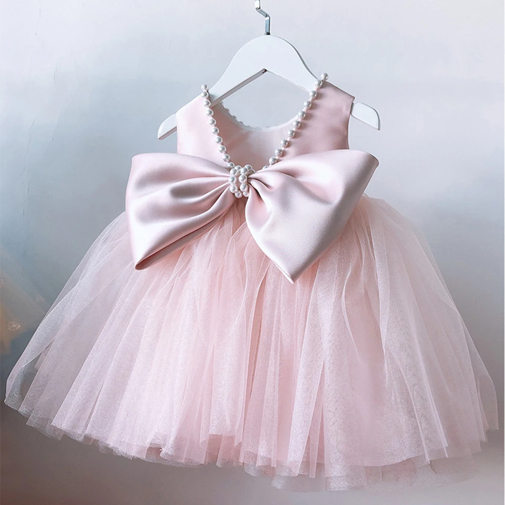 

Pink Bow with Pearl Mesh Tutu Dress for Girl's Birthday Party Flower Girl Wedding Dress Formal Evening Prom Vestidos Sleeveless