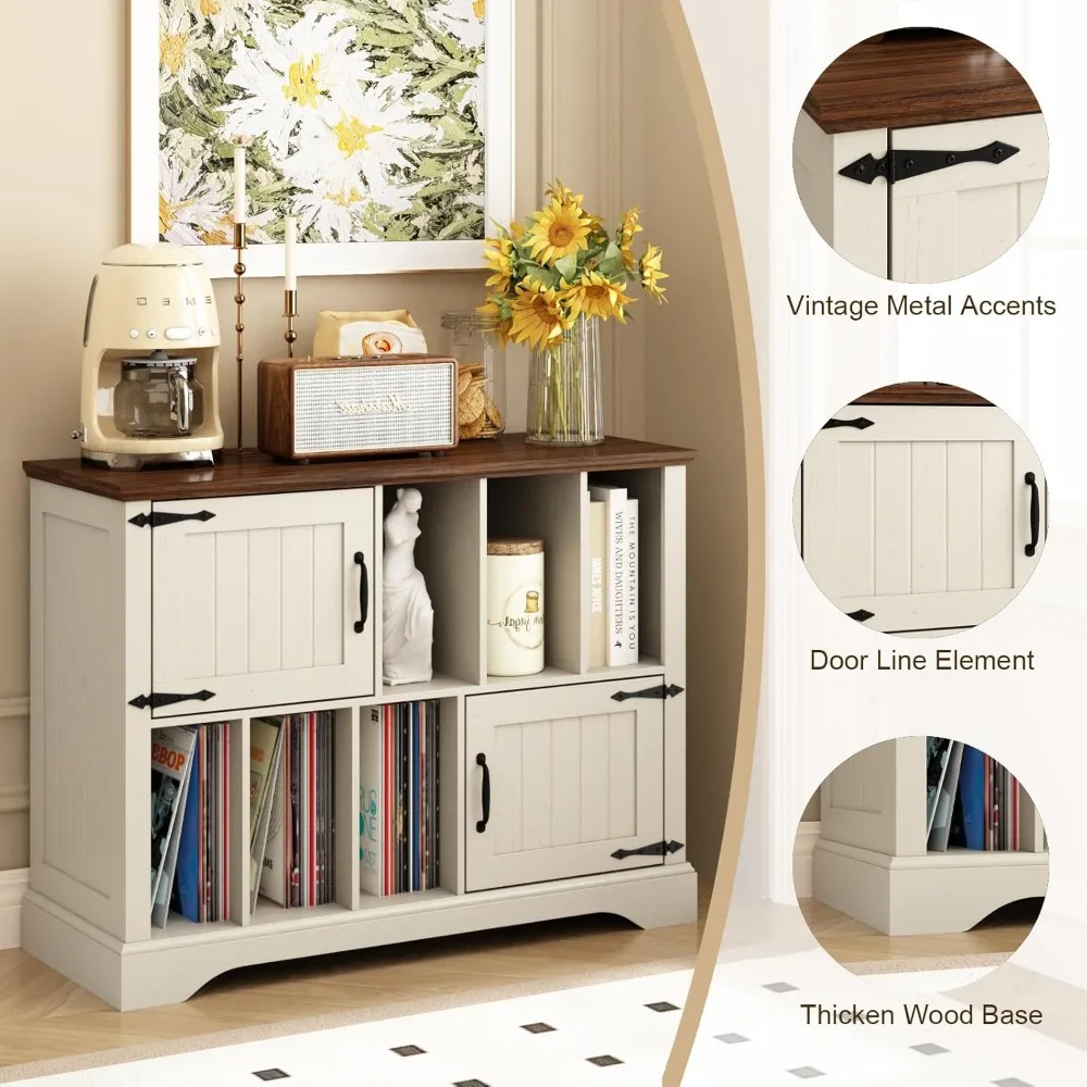 حامل مشغل تسجيل كبير مع مساحة تخزين من الفينيل - حامل قرص دوار 39.5 خزانة تخزين خشبية للمزرعة مع أبواب مغناطيسية، ستيريو M #5