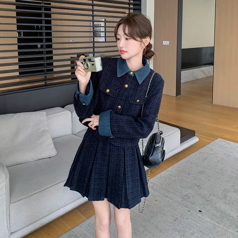 Classic Style Thickened Cotton-Padded Fashion Set for Women 2024 Winter New Wool Coat + Pleated Skirt Two-Piece Outfit Hot Sale