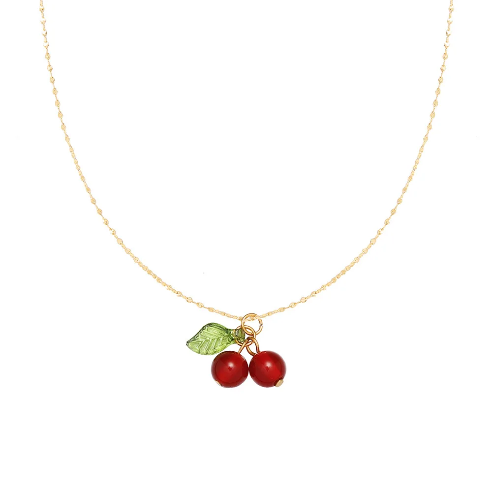 316L Stainless Steel Cherry Necklace Natural Stone Beads Pendant Chain Necklace Women\'s Fashion Wedding Jewelry Birthday Gift